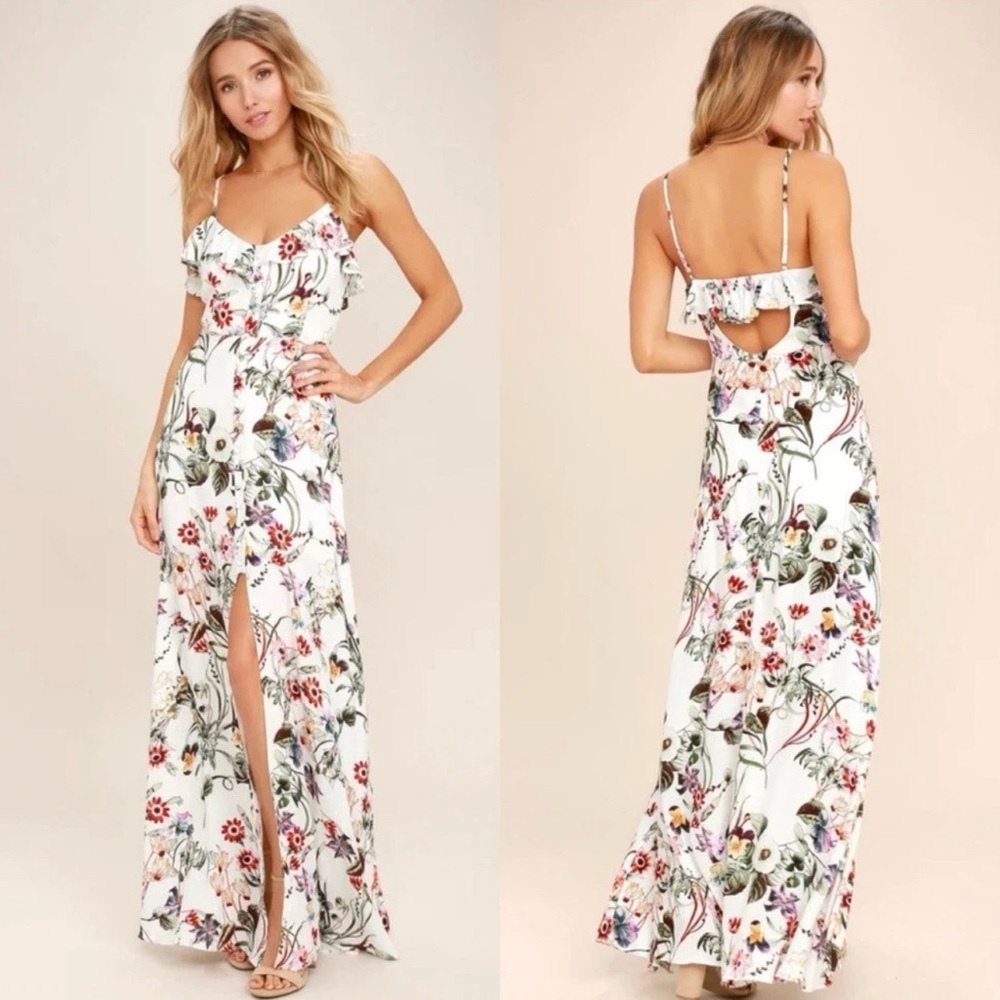 Lulu's White Floral Maxi Dress with Spaghetti Straps